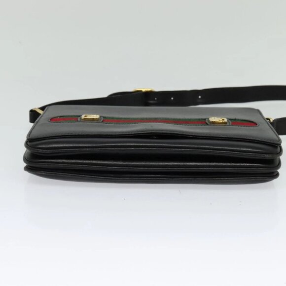 GUCCI Web Sherry Line Shoulder Bag Leather Black Gold Auth ep9327 - Picture 5 of 15